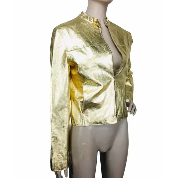 Vintage 1970's Metallic Gold Genuine Lambskin Leather Jacket Women's Size Small - Picture 2 of 9